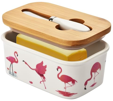 Large Butter Dish with Lid for Countertop,Cute Flamingos Ceramic Covered Butter Holder with Knife for Fridge, Airtight Butter Keeper Container Storage for East West Coast Butter,White