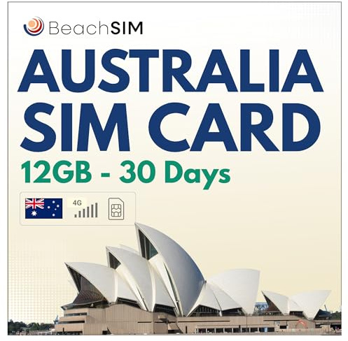 BeachSIM Australia SIM-kort. 12 GB data med 4G/5G-hastigheter. Optus-nätverk. Fri roaming i Nya Zeeland. Endast förbetalt data-SIM-kort. Snabb aktivering. Giltigt i 30 dagar.