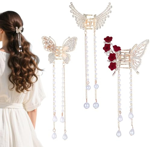 3 Stück Schmetterling Haarklammer Gold Metall Klein mit Quaste, Haarklammern Haarschmuck Damen, Elegant Schmetterling Haarspange für Frauen und Mädchen, Alltag Haarspangen Geschenk Idee