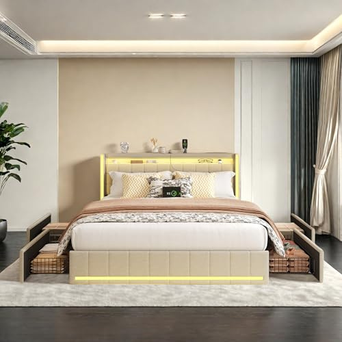 Aneutr Polsterbett 140x200 cm, Bett 140x200 mit Stauraum, LED Doppelbett mit 4 Schubladen und Lattenros, Kopfteil mit USB Ladefunktion, Funktionsbett Stauraumbetten Jugendbett Bettgestell, Leinen