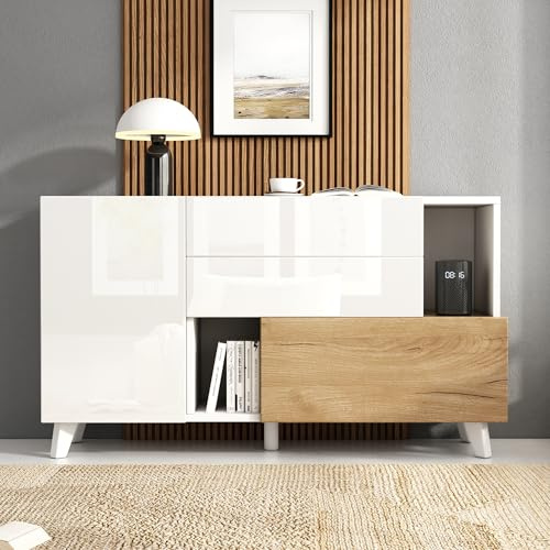 Buffet Brillant Largeur 130 cm Commode avec Portes 2 tiroirs Espace de Rangement Ouvert Armoire d’Angle pour Salon Salle à Manger Cuisine Buffet Buffet Buffet Blanc