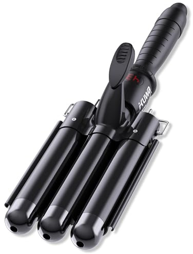 kuwa Three Barrel Curling Iron,Hair Crimper with LCD Temperature Display,1 Inch Crimper Hair Tool,Dual Voltage Hair Crimper,Beach Waver Curling Iron (Black)