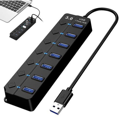 Usb 3.0 Hub,7 Port Usb Port Hub,Usb Hub With Individual Switches And Lights,Us b Bank For Laptop, Computer, PS5, MacBook