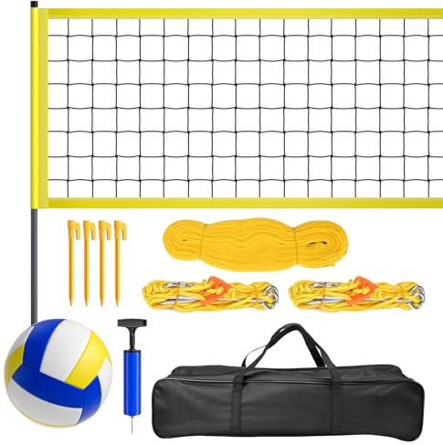 WildFun Set completo di rete da pallavolo, per giardino e prato, rete regolabile in altezza (9,5 m x 1 m), con aste, pallavolo in poliuretano, pompa a mano, linee di marcatura e borsa per il trasporto