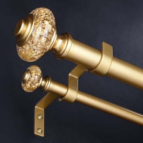 Wolistsa Gold Double Curtain Rods for Windows 120 to 170 Inch, 1 Inch Adjustable Decorative Crystal Extra Long Dual Curtain Rod, Heavy Duty Vintage Double Drapery Pole with Gold Foil Finials
