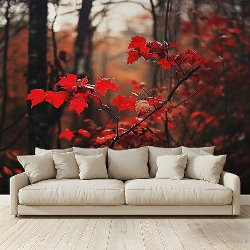 Carta Da Parati 3d Fotomurale Bosco Foglie rosse Rami Murali Per Soggiorno Divano Tv Hotel A Tema Corridoio Di Lusso Sfondo Dipinto Murale 350cm (L) X256cm (A)（388）