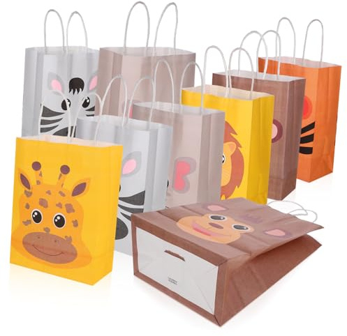 LALADEFIEE 24 Stück Dschungel Ebene Papiertüten aus Kraftpapier mit Griffen 21x15x8cm für Kindergeburtstag und Vielseitige Nutzung als Gastgeschenktüten