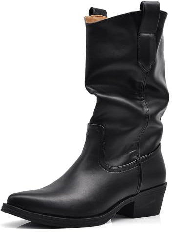 IF Stivali texani lisci da donna effetto morbido con pieghe naturali tacco medio a blocco casual chic MP2737-1 Nero N.38