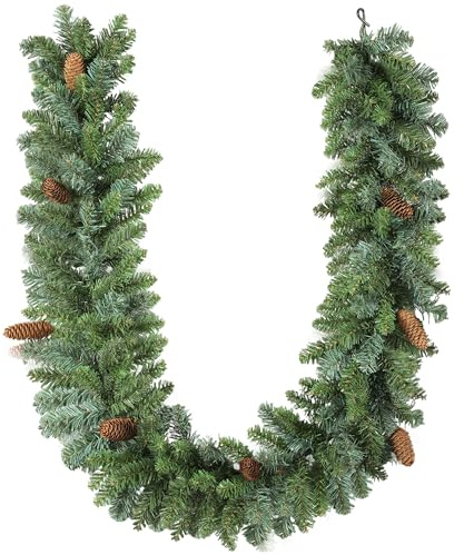HOMCOM Weihnachtsgirlande 1,8m mit 162 Spitzen für Innen & Außen Grün | Tannengirlande, Weihnachtsdeko, 8 Tannenzapfen, Künstliche Girlande