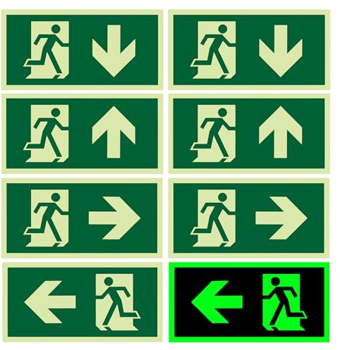 Kunaxku 8 Pezzi Cartello Uscita di Emergenza, Pellicola Riflettente in Polietilene, “Sinistra”, “Destra” e “Giù”, Design Autoadesivo, Non Richiede Foratura, Adatto per Hotel, Scuole (Verde)