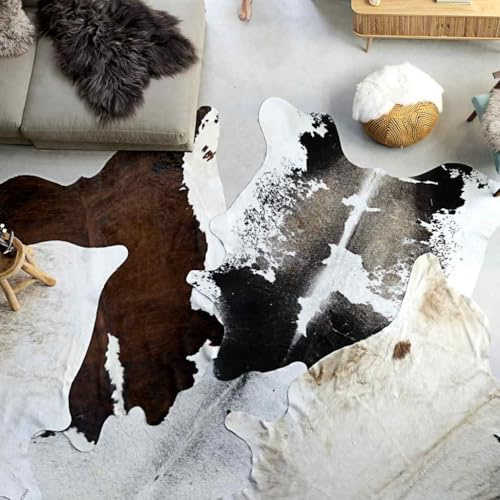 Mokuyary Alfombra de piel de vaca auténtica en blanco y negro, 180 x 220 cm, alfombra antideslizante para sala de estar, dormitorio, cocina, comedor, pasillos