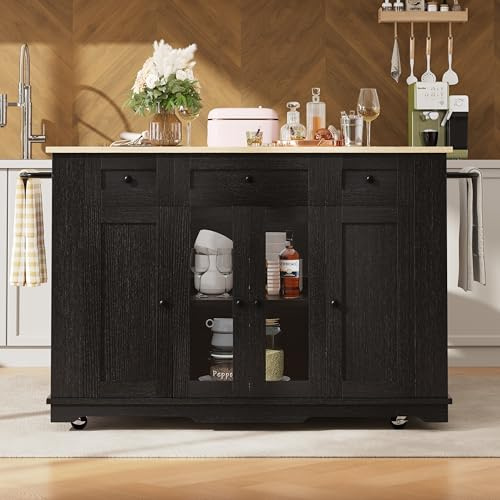 Isla De Cocina Con MDF Y Vidrio Templado,Mesa Plegable Con Paneles Ajustables Y Amplio Almacenaje,Mueble Auxiliar De Cocina Multifuncional,Carro De Comedor Con Superficie De Trabajo,151.5×60×91.7 cm