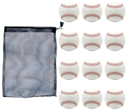 Deskium 12-pack PU mjuka basebollar med nätväska, 7 cm, 7 cm junior träningsbaseboll, vita basebollar med röda sömmar, för träning, förälder ung spelare interaktion