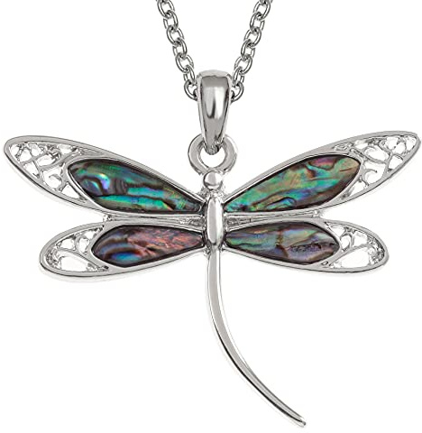 Kiara Jewellery - Collana grande con ciondolo a forma di libellula intarsiata con conchiglia di abalone verde naturale su catenina a serpente o traccia, lunghezza 45,7 cm