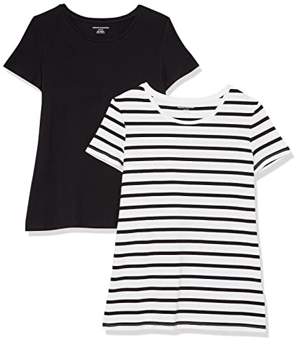 Amazon Essentials Women's Kortärmad T-shirt med rund hals klassisk passform, Pack of 2, Svart/Vit Rand, XL
