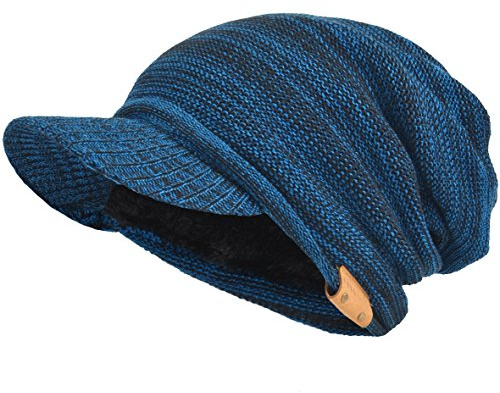 Män Dam Tjock Fleece Fodrad Stickad Newsboy Kepsar Slöfock Mössa med Visir (Blå/Svart,En Storlek)
