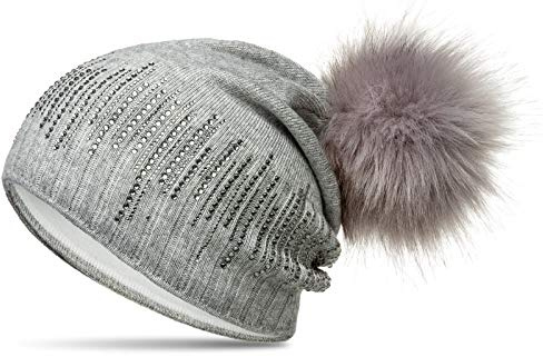 Caspar MU206 Gefütterte Damen Feinstrick Long Beanie Mütze mit Glitzer Strass und tierschutzgerechtem Kunstfell Bommel, Farbe:hellgrau, Größe:Einheitsgröße