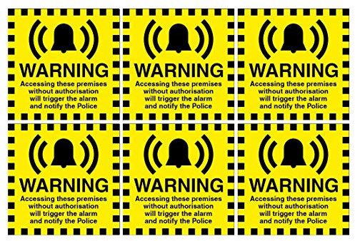 Set of 6 security signs. Warning accessing these premises without authorisation will trigger the alarm and notify the police. Size 120mm x 120mm Self Adhesive Stickers. Ideal for businesses and homes.