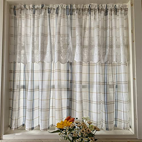 ACMHNC Landhausstil Vintage Küchengardinen Kariert Scheibengardinen Kurzstores Gardine Moderne Transparente Bistrogardine Küche Kurz Fenster Vorhänge 2 ​Stücks,W x H 200x180cm