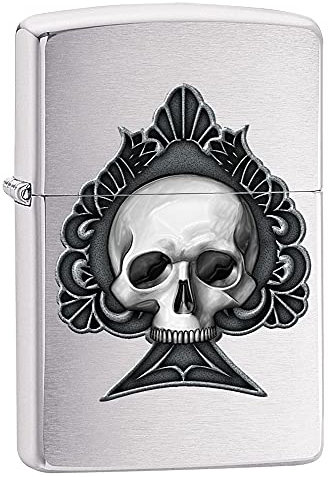 Zippo Encendedor a Prueba de Viento - Modelo Ace Skull - Acabado Cromo Cepillado con Color Image - Recargable - Reutilizable - Diseño a Prueba de Viento - Caja de Regalo Hecho en EEUU