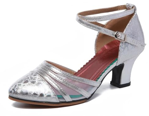 TangDao Damen Salsa Latin Tanzschuhe Tango Schuhe Riemchen Blockabsatz Pumps（Silber.EU 41Normal