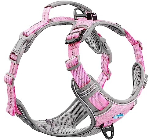 ThinkPet Anti Zug Hundegeschirr mit Griff - Verstellbar, Reflektierend, Atmungsaktiv, Gepolstert (M, Leuchtend Rosa)