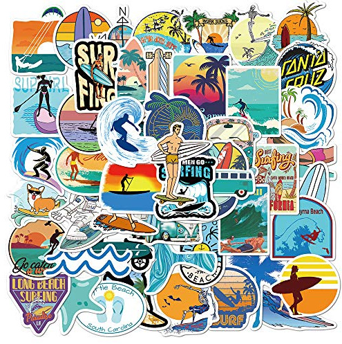 Pegatinas de playa para surf, 50 unidades, impermeables, para tablas de surf, botellas de agua, laptop, deportes acuáticos, paquete de calcomanías para refrigerador, equipaje, monopatín, bicicleta