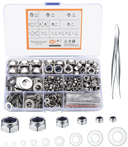 980 Pz Dadi Esagonali di Bloccaggio con Rondelle Piatte Set, Dado di Autobloccante Esagonale in Acciaio Inox, Rondelle Autobloccanti - M2.5/M3/M4/M5/M6/M8/M10/M12