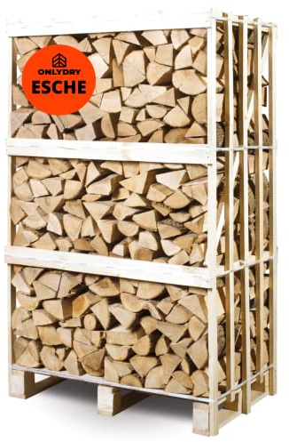Onlydry Brennholz Esche mit weniger als 18% Feuchtigkeit Palette - Perfekt für Ofen, Feuerschale, Kamin, Kaminofen - Premium Qualität Sauberes und trockenes Kaminholz/Feuerholz (1.8 RM; 2.7 SRM)