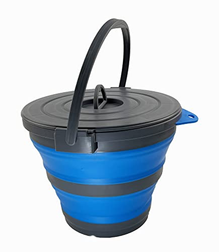 SAMMART 10L Collapsible Fishing Bucket with Locking Lid - Foldable Round Tub - Portable Plastic Water Pail - Space Saving Outdoor Waterpot (Grey/Blue)