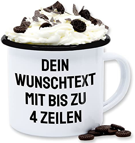 Emaille Tasse Blechtasse - Aufdruck selbst gestalten - Wunschtext I Eigener Text I Personalisierter Text I Custom Text - 300 ml - Weiß Schwarz - kaffeebecher bedrucken tassen personalisieren