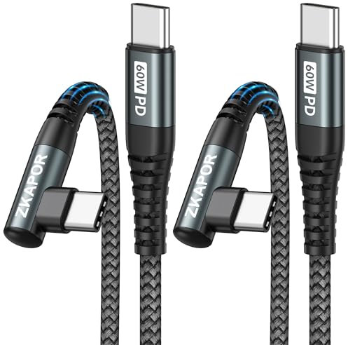 ZKAPOR Cavo USB C a USB C 90 Gradi [2Pezzi 2m] Cavo USB Type-C PD 60W Ricarica Rapida Cavo Tipo C Compatible con Samsung Galaxy S23/S22, Pad Pro 11''2020, Air 2020/2018, P40/P30, Pixel -Grigio