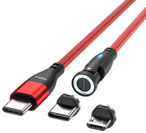 P-TECHUK 60W Rotating Super Fast USB C Magnetic Charging Data Cable, Fast Charging Cable compatible with all Devices. A18 Red (1M Cable, 3 x Tips)