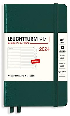 LEUCHTTURM1917 367728 Wochenkalender & Notizbuch Pocket (A6) 2024, 12 Monate, Forest Green, Englisch