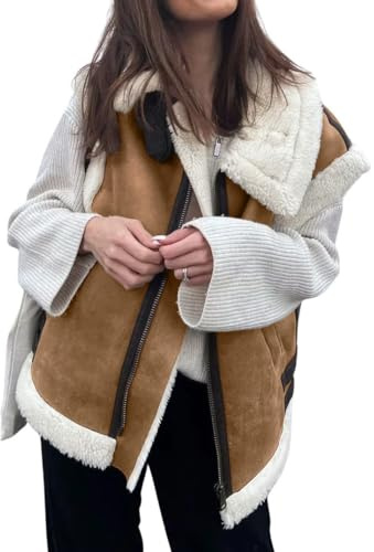 loveimgs Gilet invernale da donna in pelle scamosciata sherpa con cerniera senza maniche cappotto in pelliccia di agnello con tasche, Marrone, Small