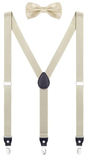WANYING Juego de Tirantes y Pajarita 2 en 1 para Hombre, 2,5 cm en forma Y 3 clips Tirantes Diseño a Rayas - Liso Caqui