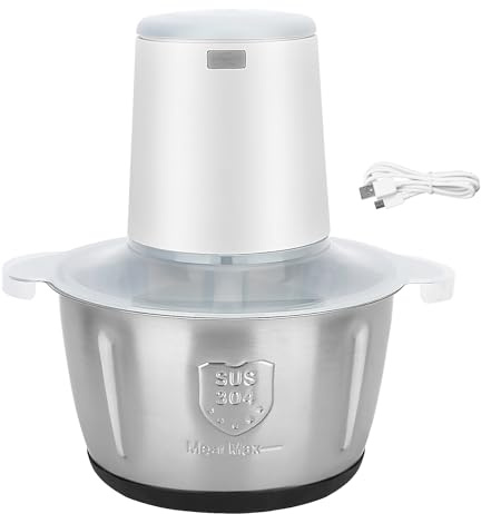 USB Rechargeable Electric Meat Grinder, 2L Large Capacity 4 Blades Meat Mincer, Full-Automatic Built-in 2000mAh Battery Food Processor, High Power Stainless Steel Vegetable Fruit Mincer (White)