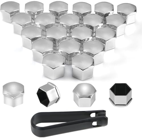 PAITOK Cache-écrous de Roue, Ensemble de 20 Couvre-écrous de Roues universels en Plastique chromé avec Outil de démontage pour Voitures (Argent, 19 mm)