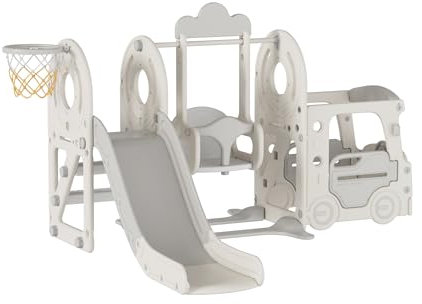 Magic ZC Toboggan et balançoire pour bébé Toboggan autoportant pour Enfant Centre d'activités pour Aire de Jeux Ensemble de Jeux intérieur extérieur Toboggan Long Equipement de Jeux (Bus Grey White)