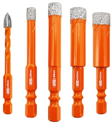 BGTEC Dry Diamond Drill Bits - 6/8/10/12mm Tile Drill Bits Set & 1pc 6mm Tungsten Carbide Tip Drill Bit with Quick Change Hex Shank for Granite Marble Porcelain Tile Ceramic