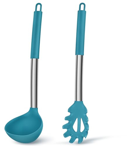 Joyfair 2 Stück Silikon Suppenkelle und Spaghettilöffel Set - Blau | zum Kochen/Rühren/Servieren/Ablassen, Edelstahlgriff, Gesund & Antihaft, Spülmaschinenfest, Hitzebeständig