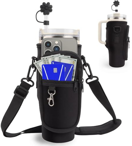 WALLFID Porta Bottiglia d'Acqua per Stanley 40oz Tumbler,con Tracolla Regolabile e Tasca per Telefono, Portaborraccia Zaino INC Neoprene con Cannuccia,per Camminate e Fitness(Nero)