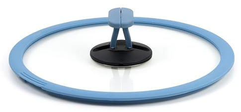 cookvision Topfdeckel mit Silikonrand und Klappgriffen, blau, Ø 24 cm, spülmaschinengeeignet, bruchsicherer Glasdeckel, seitlicher Dampfauslass, rutschfest, platzsparend stapelbar