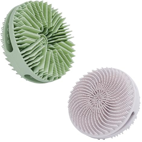 2 Pack Silicone Exfoliating Body Scrubber, Silicone Body Brush, Soft Silicone Loofah for Sensitive Skin, Shower Head Massager, Easy to Clean, Lathers Well(Gray&Green)