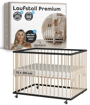 Sämann Laufstall Baby mit Lattenrost und Matratze | stufenlos höhenverstellbar | Laufgitter Premium | Babybett aus Holz | Krabbelgitter (schwarz/natur, 75x100 cm)