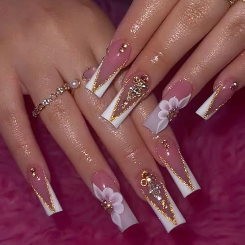 24 Stück Nägel zum Aufkleben Lange, French Press on Nails Coffin Künstliche Nägel Rosa Full Cover Kunstnägel mit Blume & Strass, Acryl Glänzend Fingernägel zum Aufkleben für Frauen
