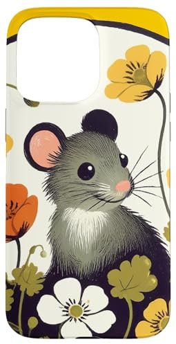 Carcasa para iPhone 15 Pro Max Ratón y flores arte lindo roedor