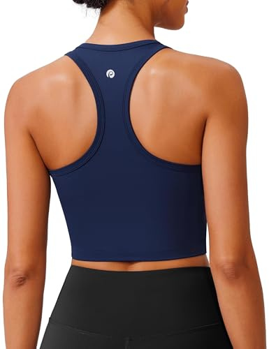 PINSPARK Sportbehå för kvinnor utan bygel, racerback, push-up, sportbehå med avtagbar, vadderad, andas, jogging, yoga, fitness, bh, sömlösa crop tanktoppar, Marinblå, S