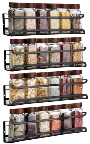 4 Spice Racks Organiser,Kitchen Storage Wall Mounted,Rack Inside Cupboard | Spice Rack Wall Mounted Metal For Pantry or Bathroom (No Drilling ) Includes Adhesive Pads & Screws-Black 29x7x7cm