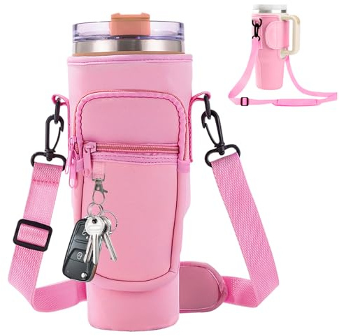 Mudoulu Tasche für Stanley Cup 40oz/1.2L, Flaschenträger mit Handytasche und Schultergurt, Wasserflaschenhalter Kompatibel mit Stanley Cup Zubehör für Wandern Reisen Sport Alltag, Rosa